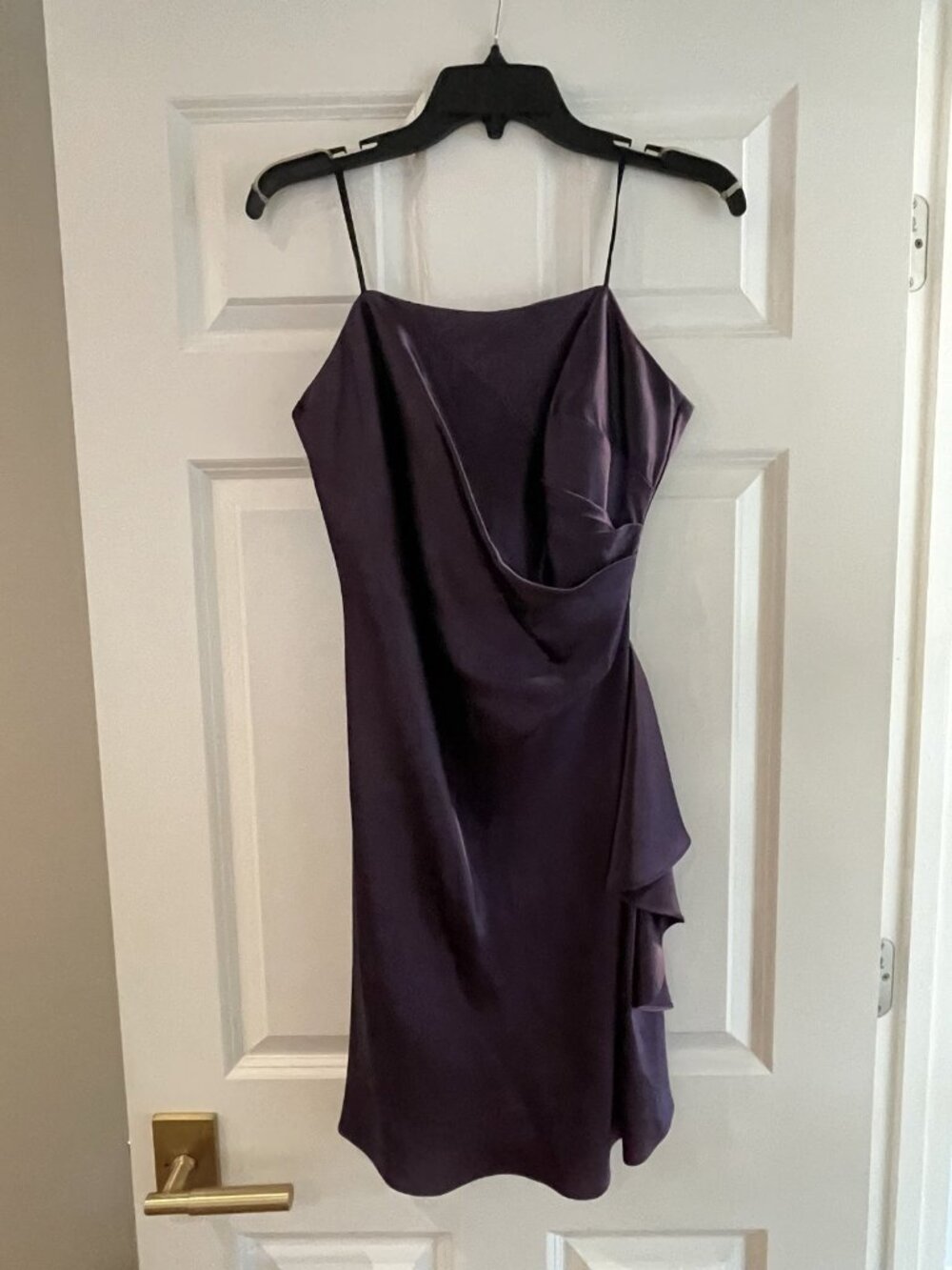 ABS Evening Eggplant Cowl Neck Ruched Ruffle Dress Sz 10